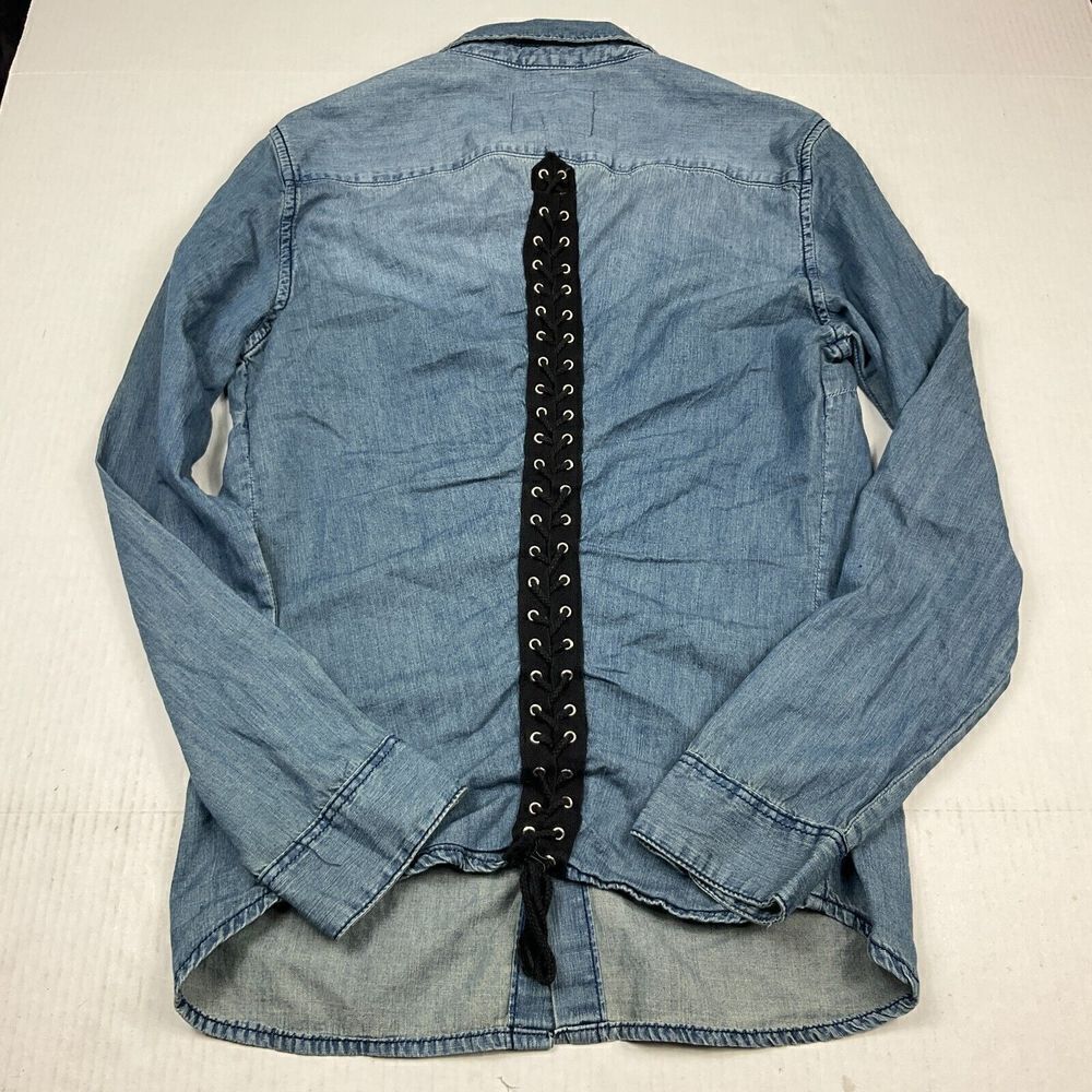 Carmar Western Snap Button Denim Shirt Blue Back Lace Up Long Sleeve Top Small
